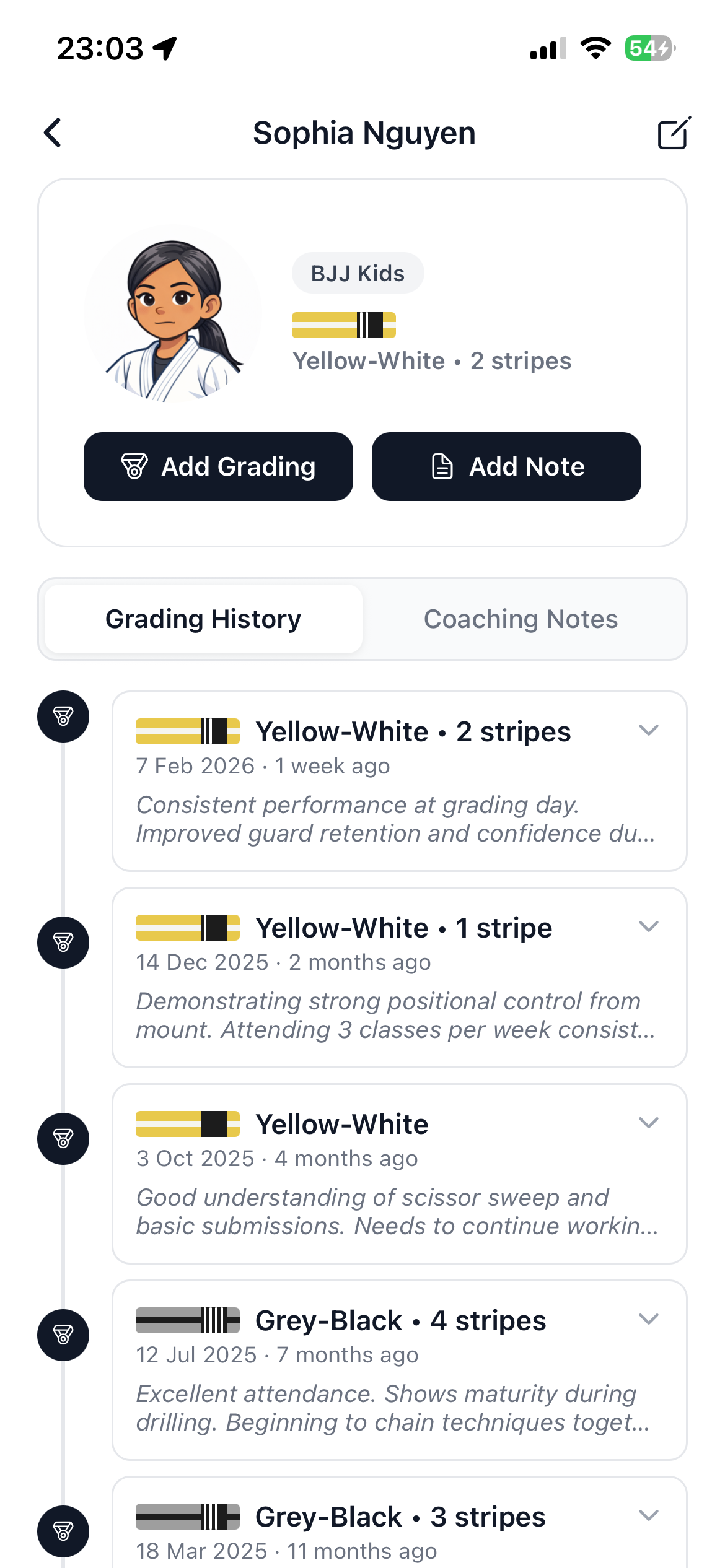 Mat Logbook student detail with grading history and coaching notes